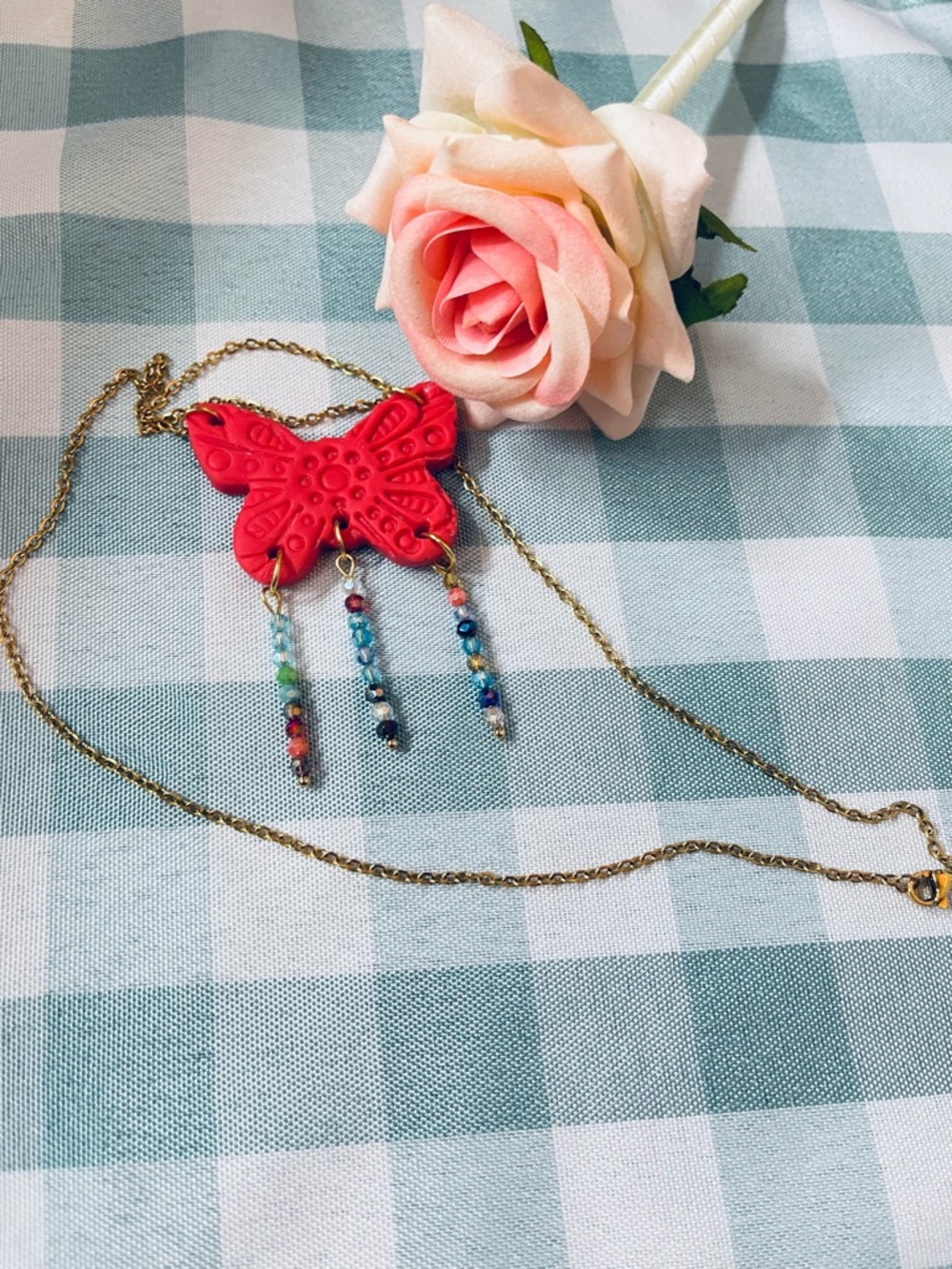 Bohemian style Red Butterfly Pendant Necklace with Multicolor Beaded Tassels - Picture 3 of 4
